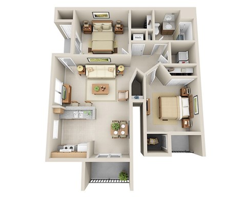 Floor plan for 2 beds, 1 bath, 940 sqft